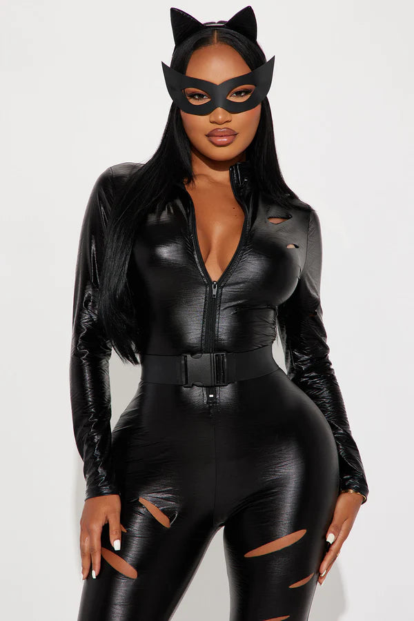 Cat Fight Slashed 4 Piece Costume Set - Black