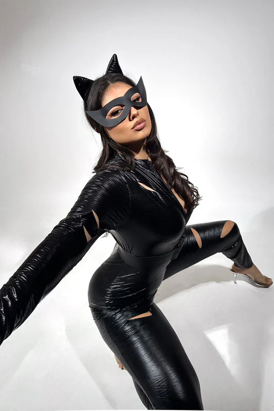 Cat Fight Slashed 4 Piece Costume Set - Black